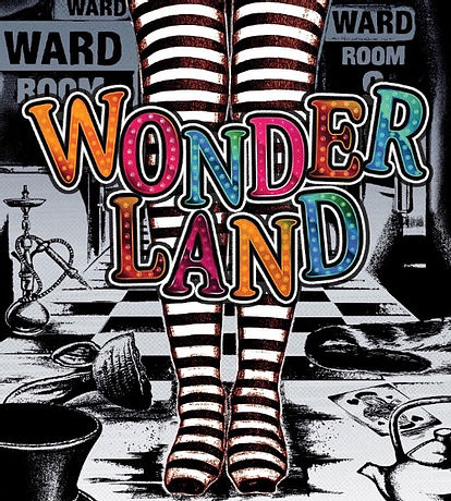 A poster for Wonderland, showing legs in striped stockings on a checkerboard floor