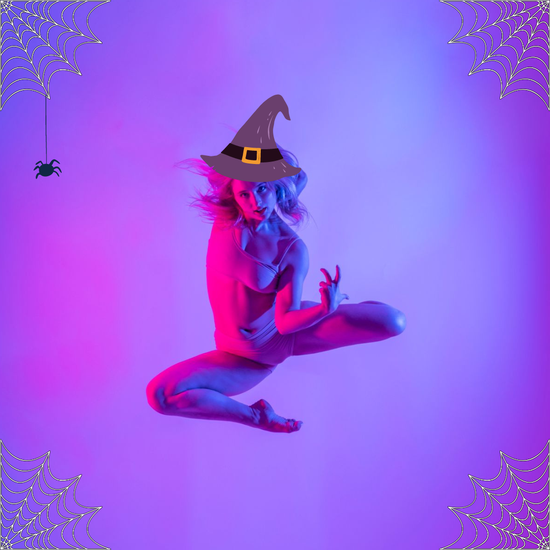 A light-skinned dancer is suspended in a jump, a witch's hat and a spider have been drawn onto the image