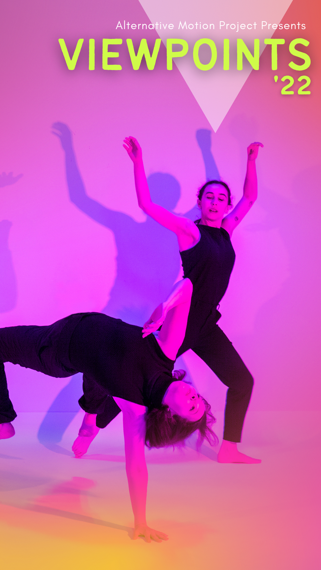 Two dancers move big against a magenta background