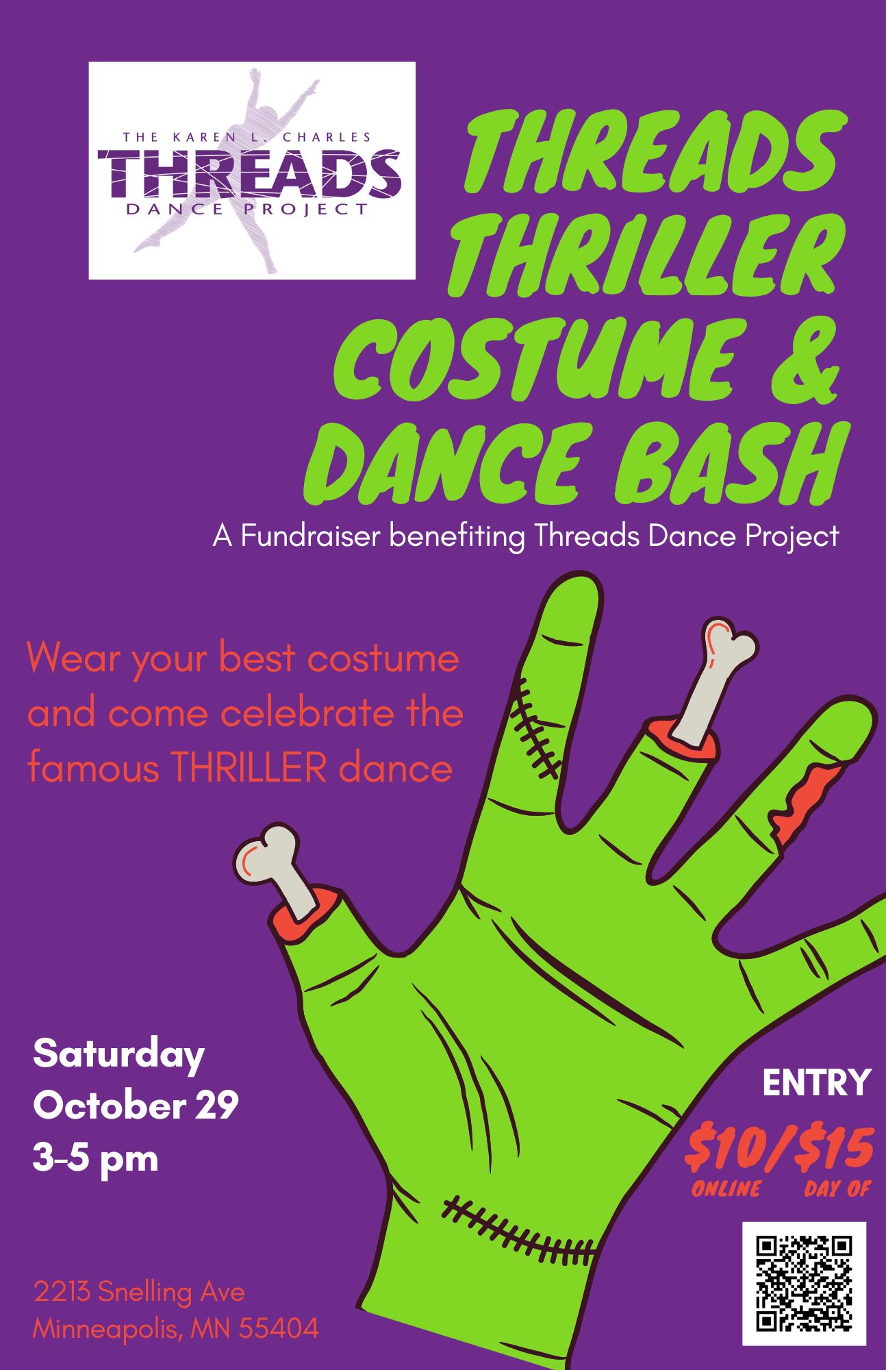 Poster image with a drawn green and gory hand along with event details in text