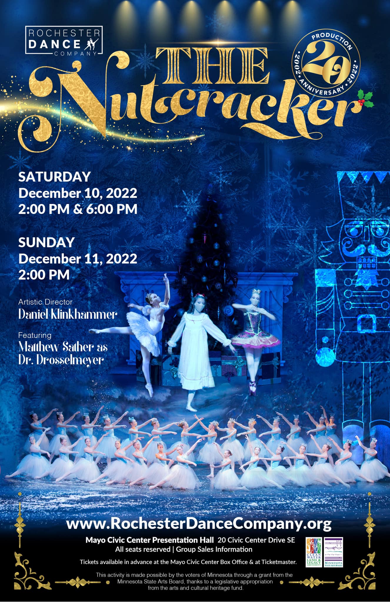 Poster for Rochester Dance Company's The Nutcracker, featuring three ballerinas