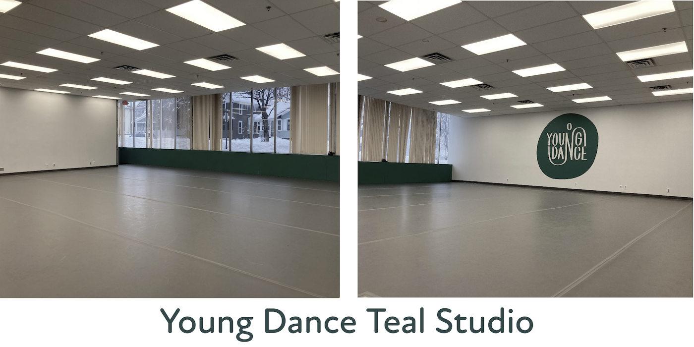 Two photos of the Young Dance Teal Studio. Each photo shows a different angle of the studio, with windows, white walls, and gray Marley flooring