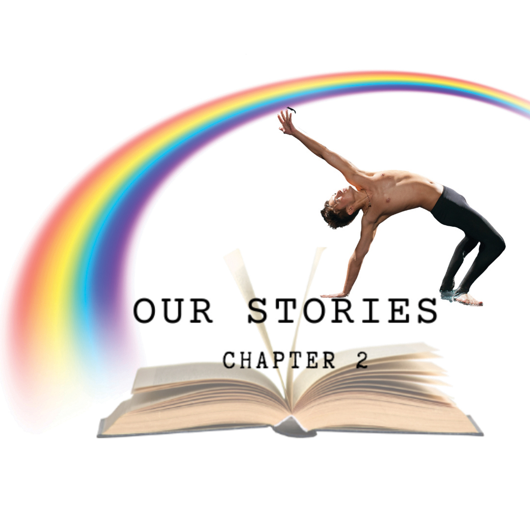 A dancer does a backbend with one hand reaching toward the sky. A rainbow arches overhead and an open book lies below